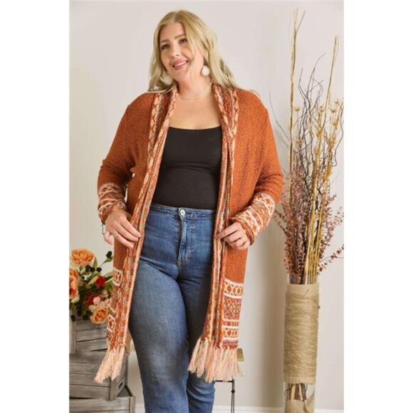 ✨NWT‎ ADORA Full Size Fringe Hem Aztec Border Cardigan Plus Size - Picture 2 of 4